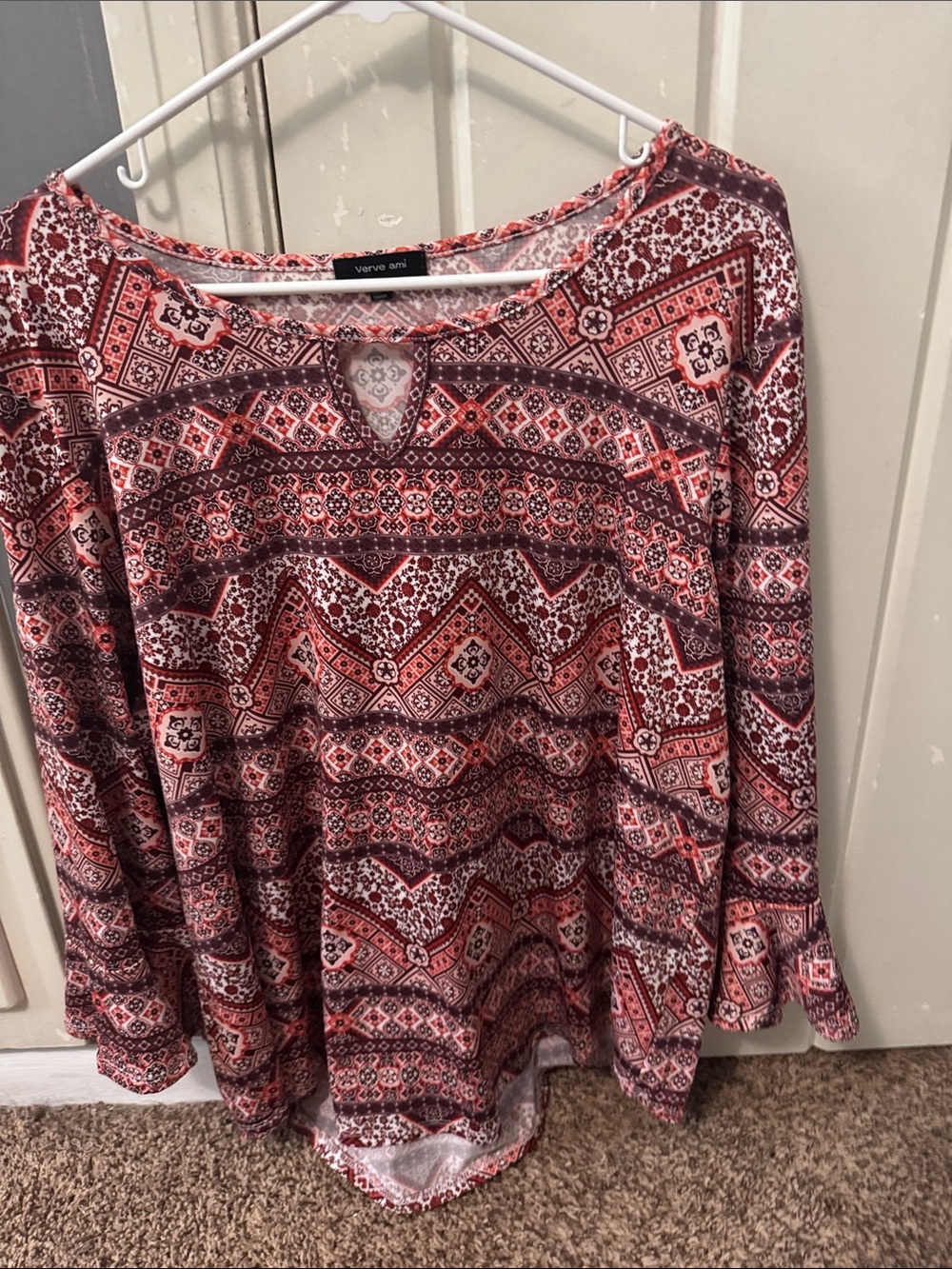 Verve Ami Red and Burgundy Geo-Print Long Sleeve Top